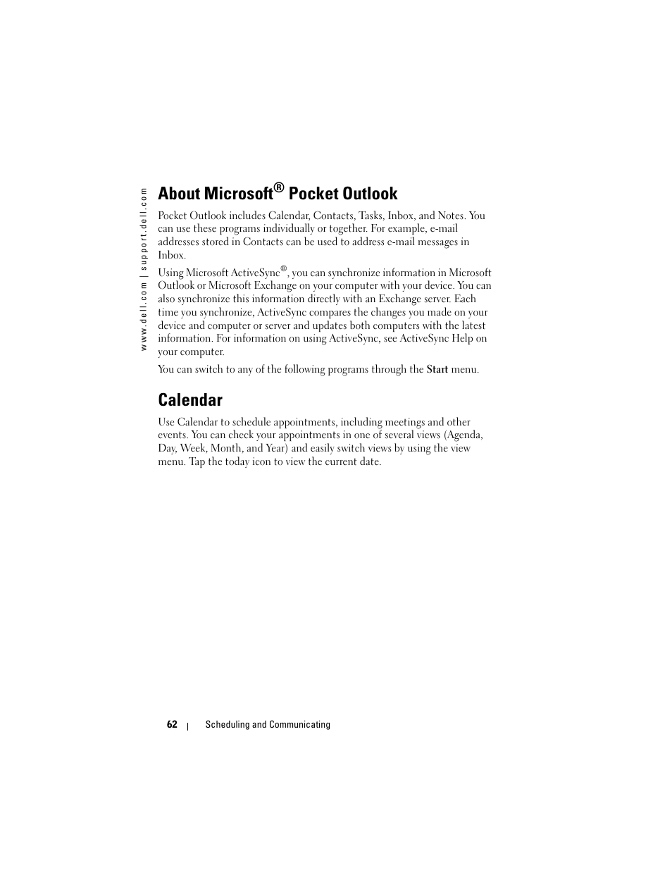 About microsoft, Pocket outlook, Calendar | Dell AXIM X3 User Manual | Page 62 / 178