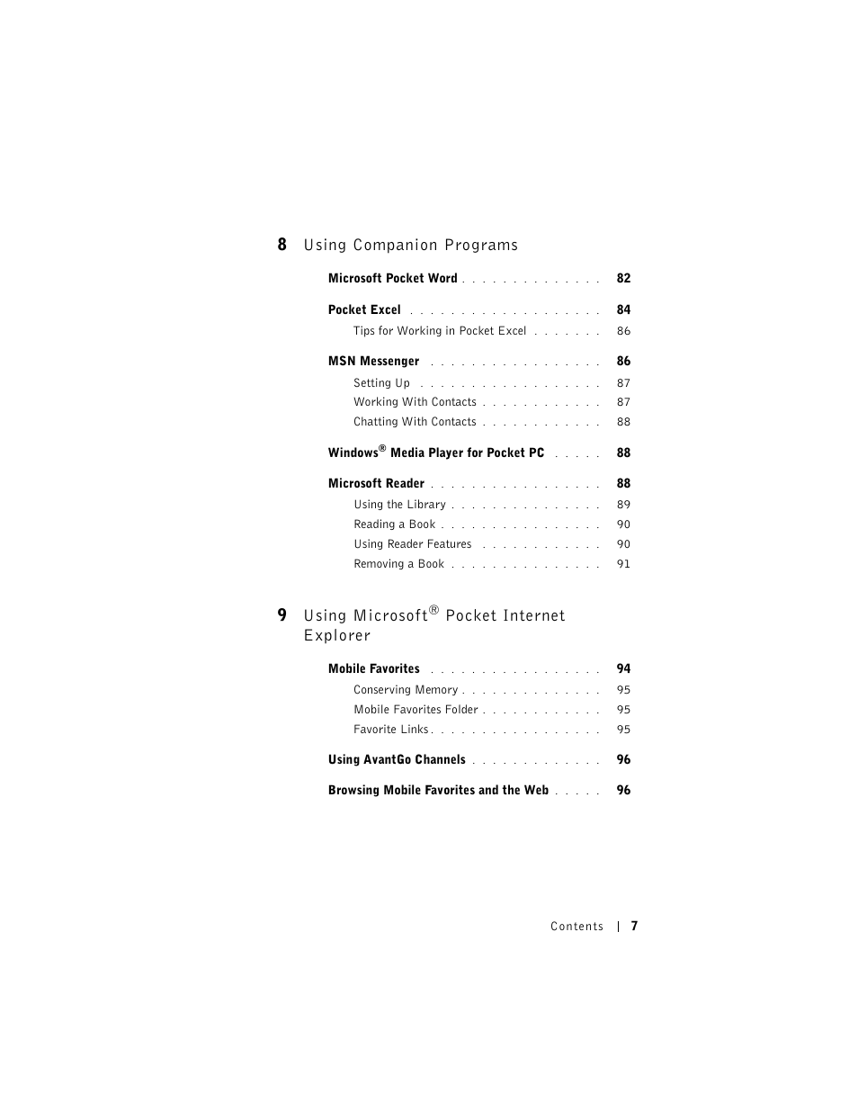 8 using companion programs, 9 using microsoft, Pocket internet explorer | Dell AXIM X3 User Manual | Page 7 / 178