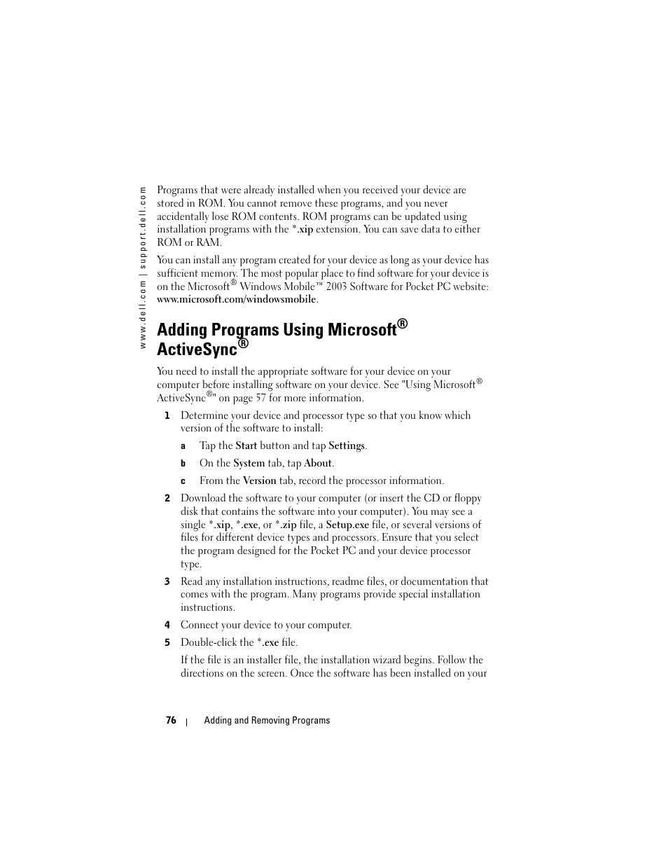 Adding programs using microsoft, Activesync | Dell AXIM X3 User Manual | Page 76 / 178