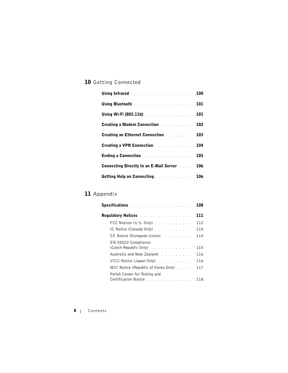 10 getting connected, 11 appendix | Dell AXIM X3 User Manual | Page 8 / 178
