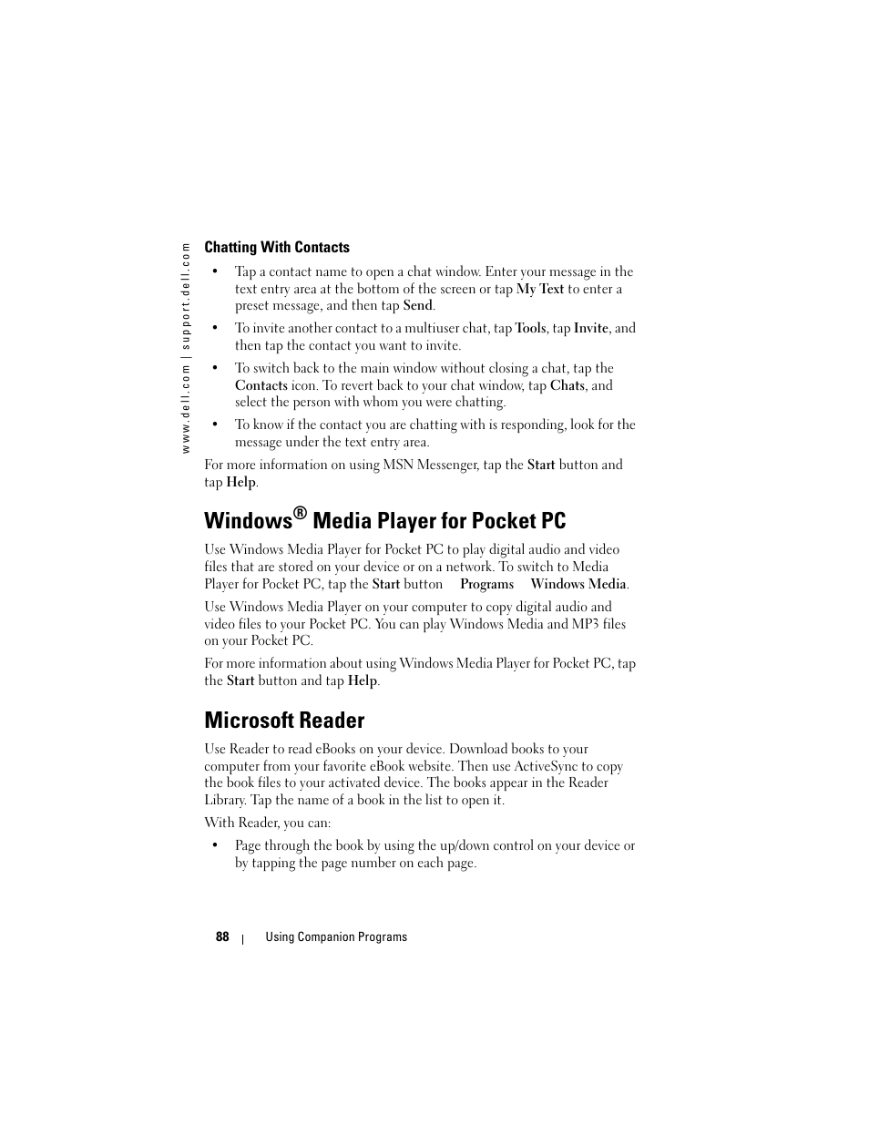 Windows, Media player for pocket pc, Microsoft reader | Dell AXIM X3 User Manual | Page 88 / 178