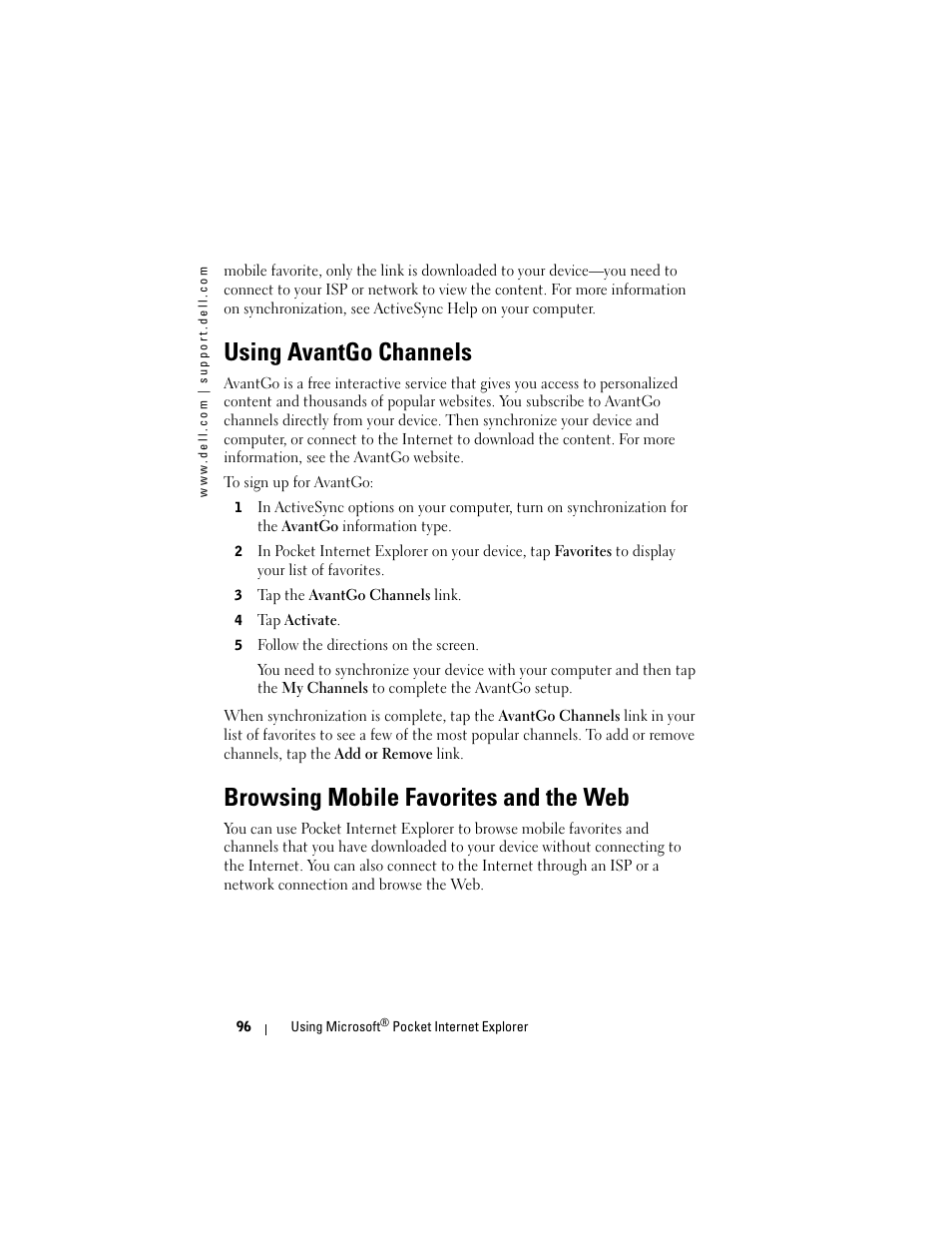 Using avantgo channels, Browsing mobile favorites and the web | Dell AXIM X3 User Manual | Page 96 / 178