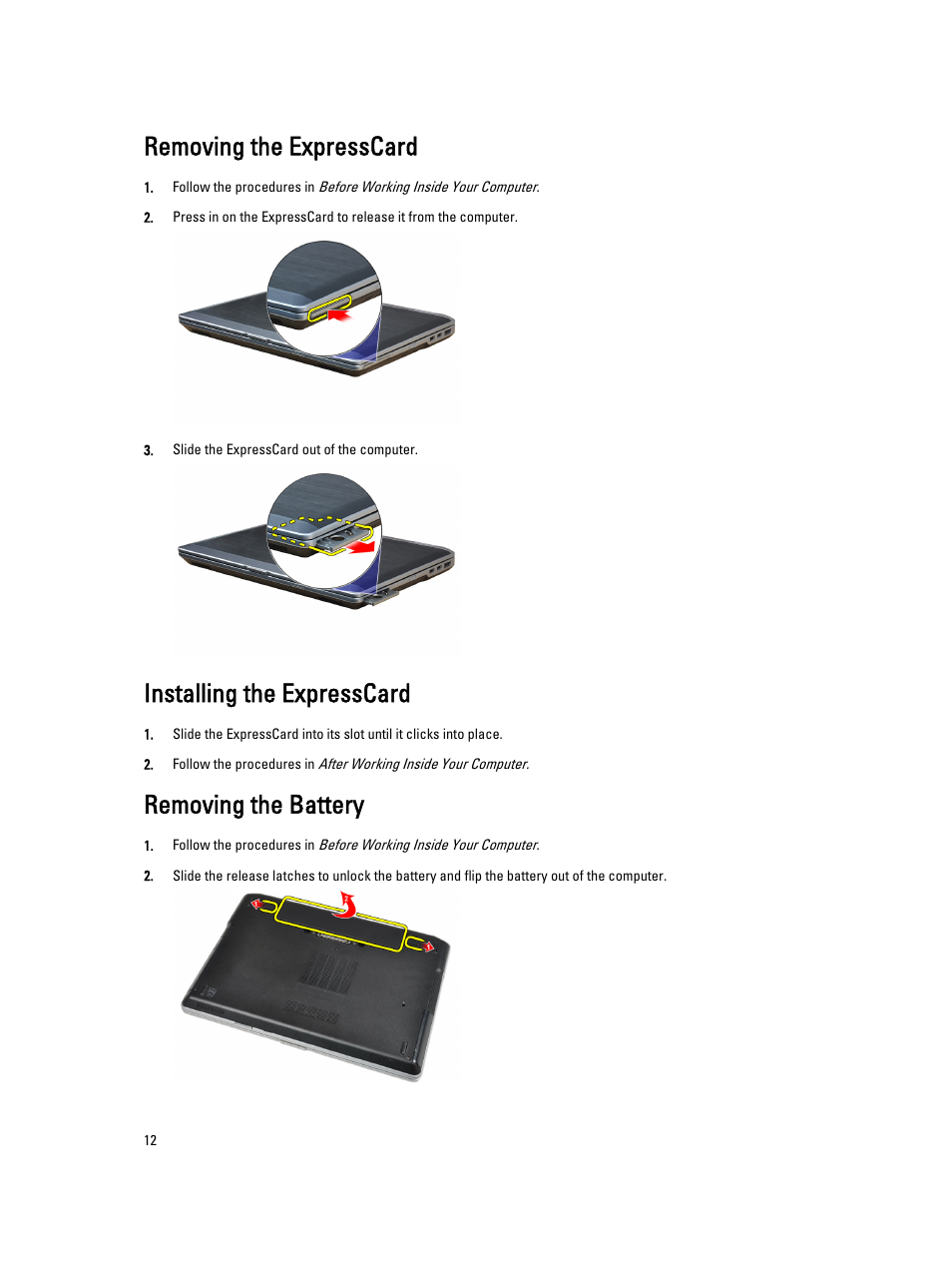 Removing the expresscard, Installing the expresscard, Removing the battery | Dell Latitude E6530 (Mid 2012) User Manual | Page 12 / 87