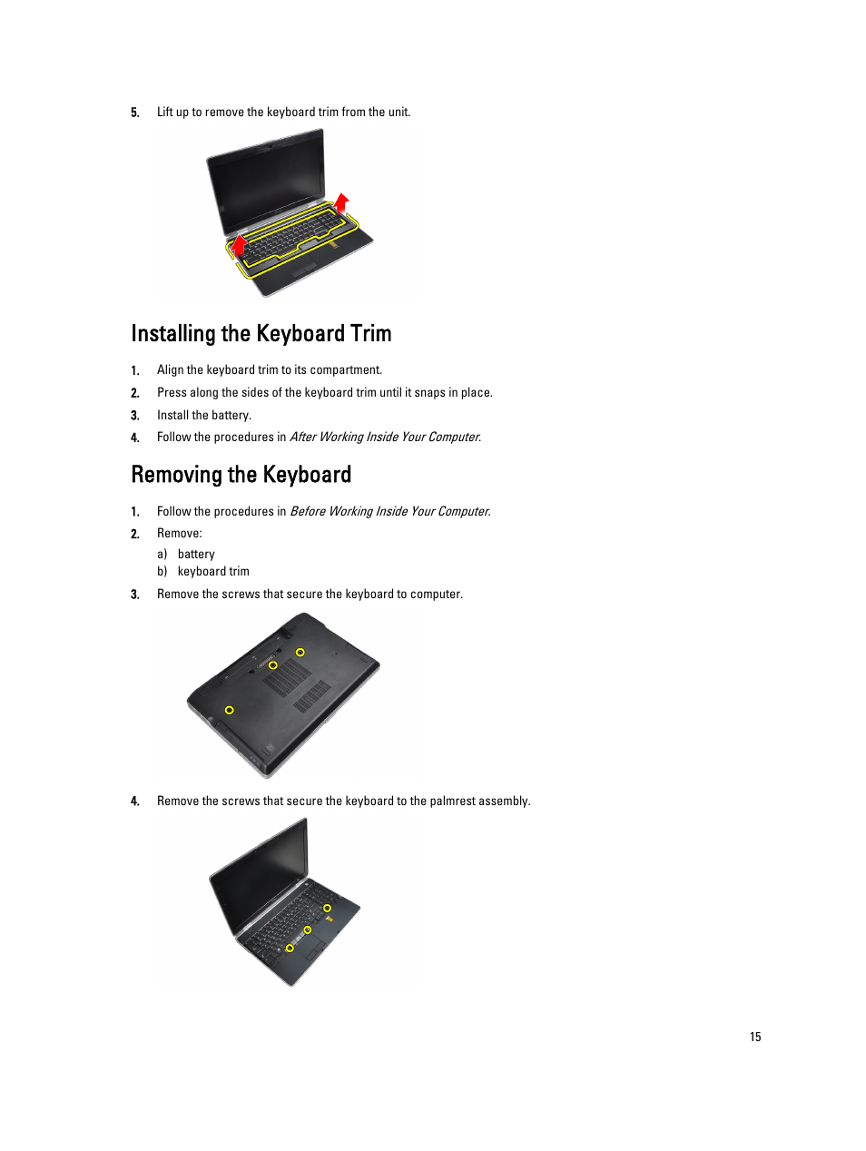 Installing the keyboard trim, Removing the keyboard | Dell Latitude E6530 (Mid 2012) User Manual | Page 15 / 87