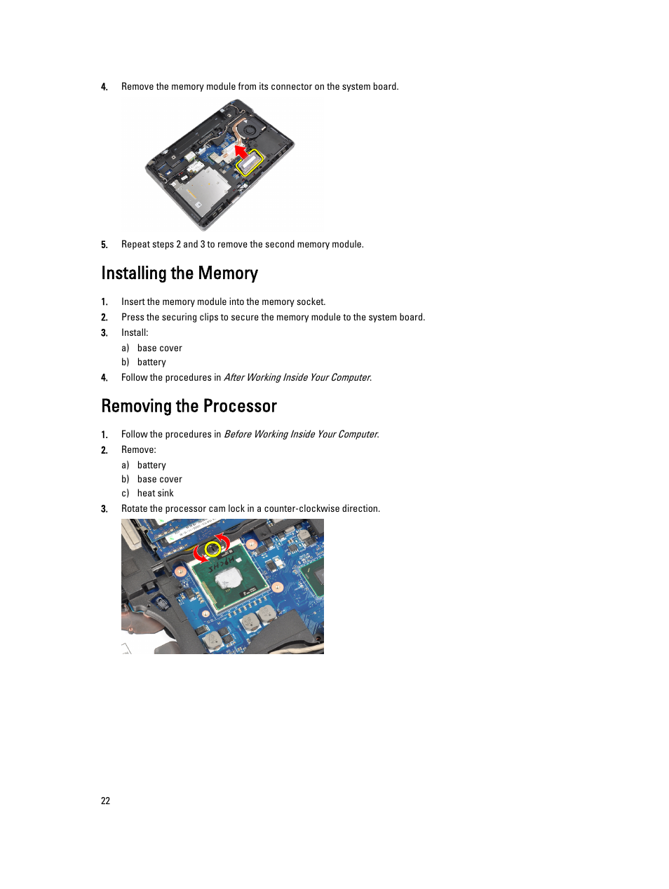 Installing the memory, Removing the processor | Dell Latitude E6530 (Mid 2012) User Manual | Page 22 / 87
