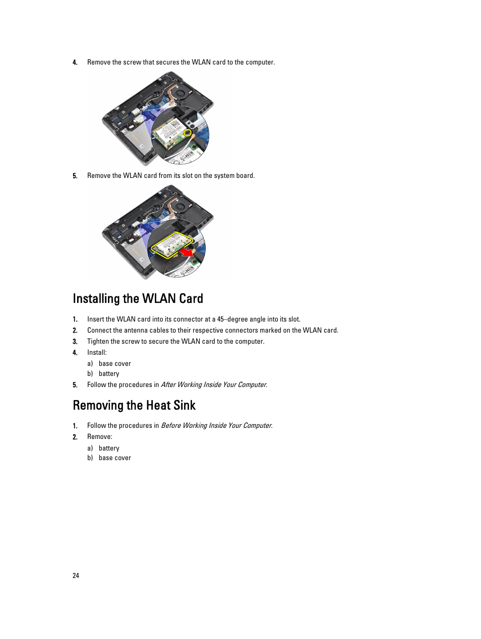 Installing the wlan card, Removing the heat sink | Dell Latitude E6530 (Mid 2012) User Manual | Page 24 / 87