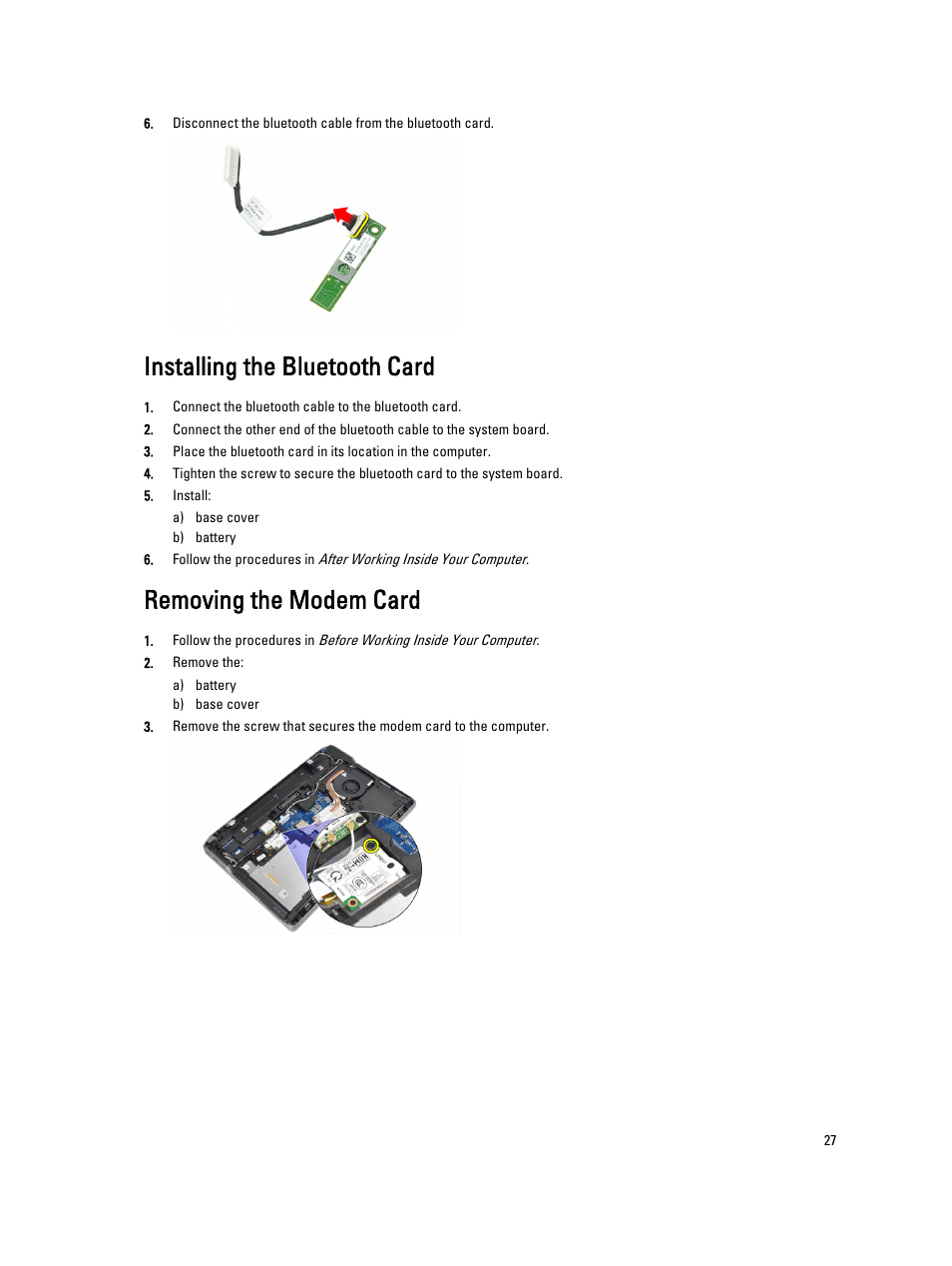 Installing the bluetooth card, Removing the modem card | Dell Latitude E6530 (Mid 2012) User Manual | Page 27 / 87