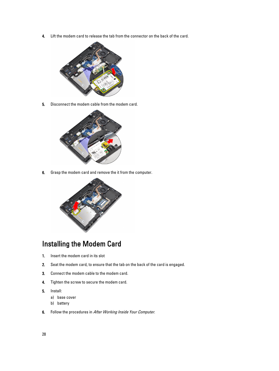 Installing the modem card | Dell Latitude E6530 (Mid 2012) User Manual | Page 28 / 87