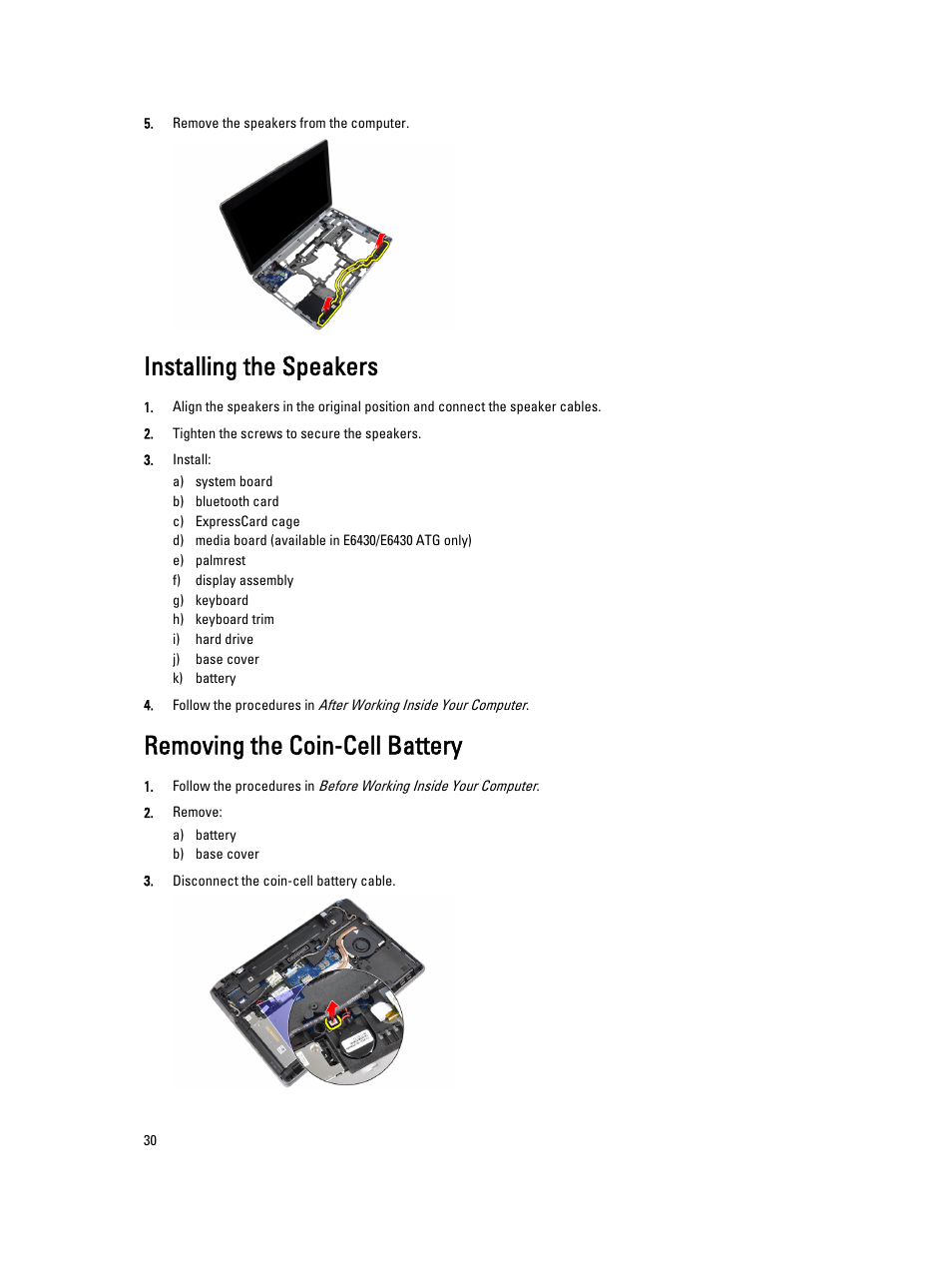 Installing the speakers, Removing the coin-cell battery | Dell Latitude E6530 (Mid 2012) User Manual | Page 30 / 87