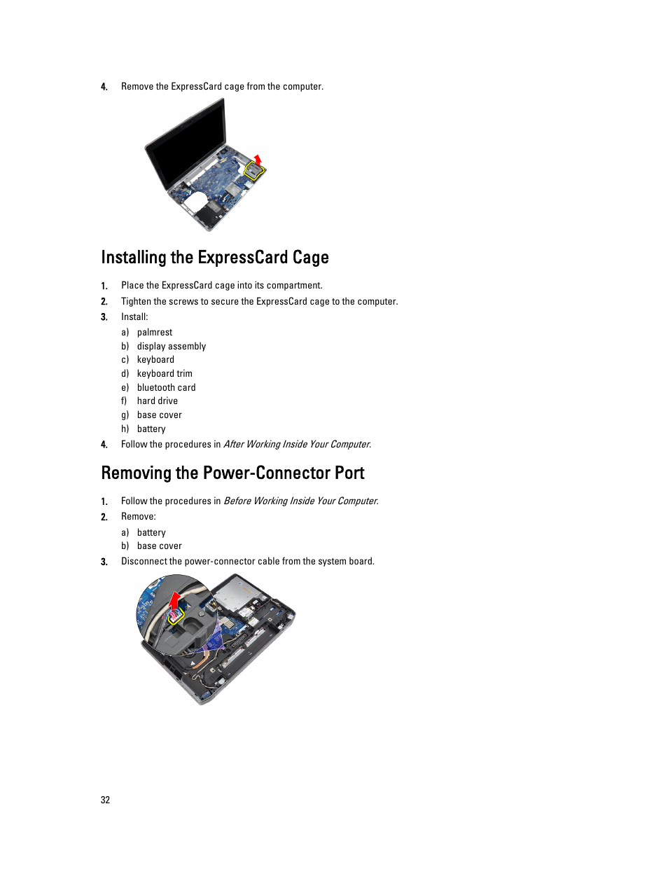 Installing the expresscard cage, Removing the power-connector port | Dell Latitude E6530 (Mid 2012) User Manual | Page 32 / 87