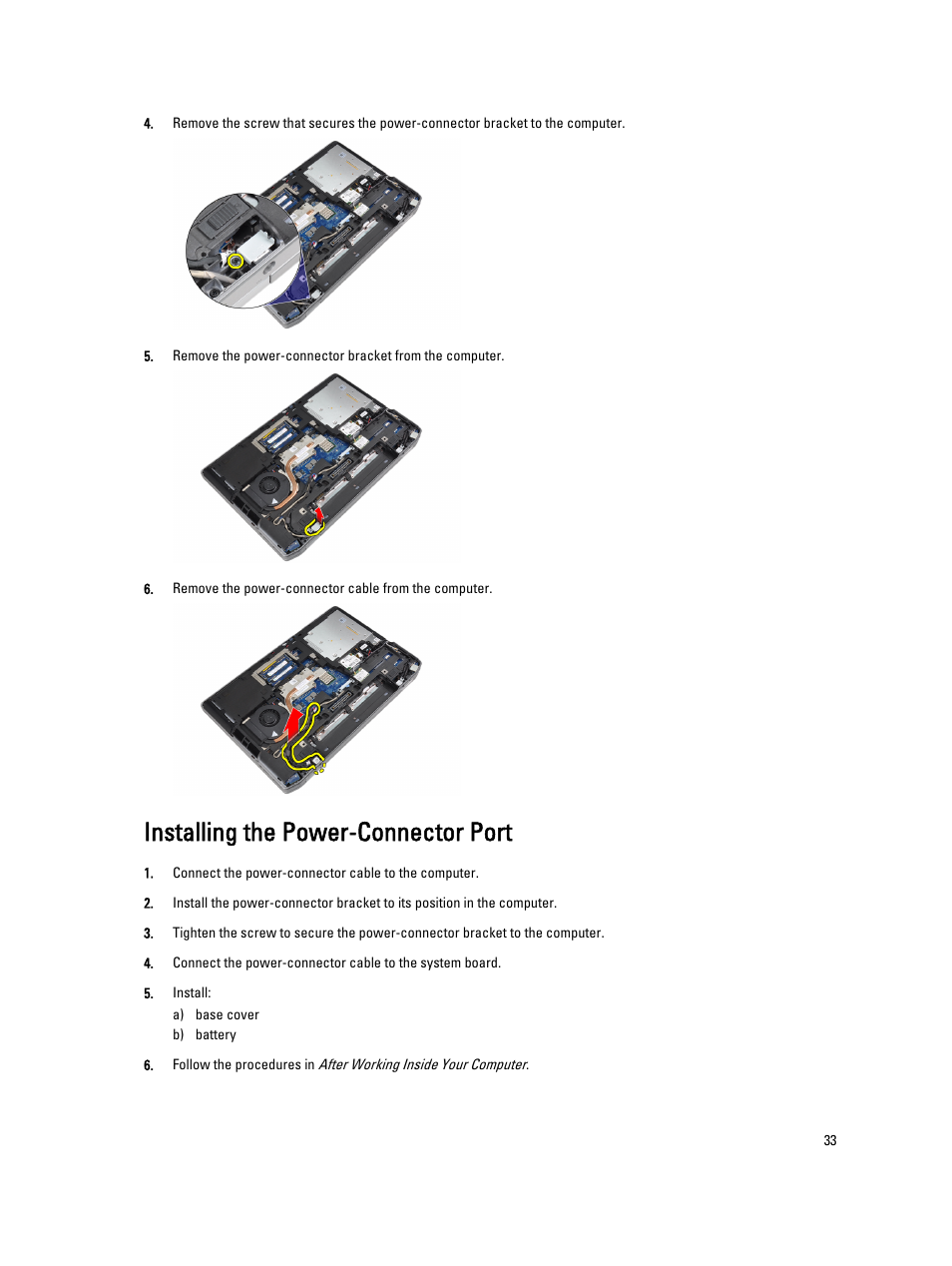 Installing the power-connector port | Dell Latitude E6530 (Mid 2012) User Manual | Page 33 / 87