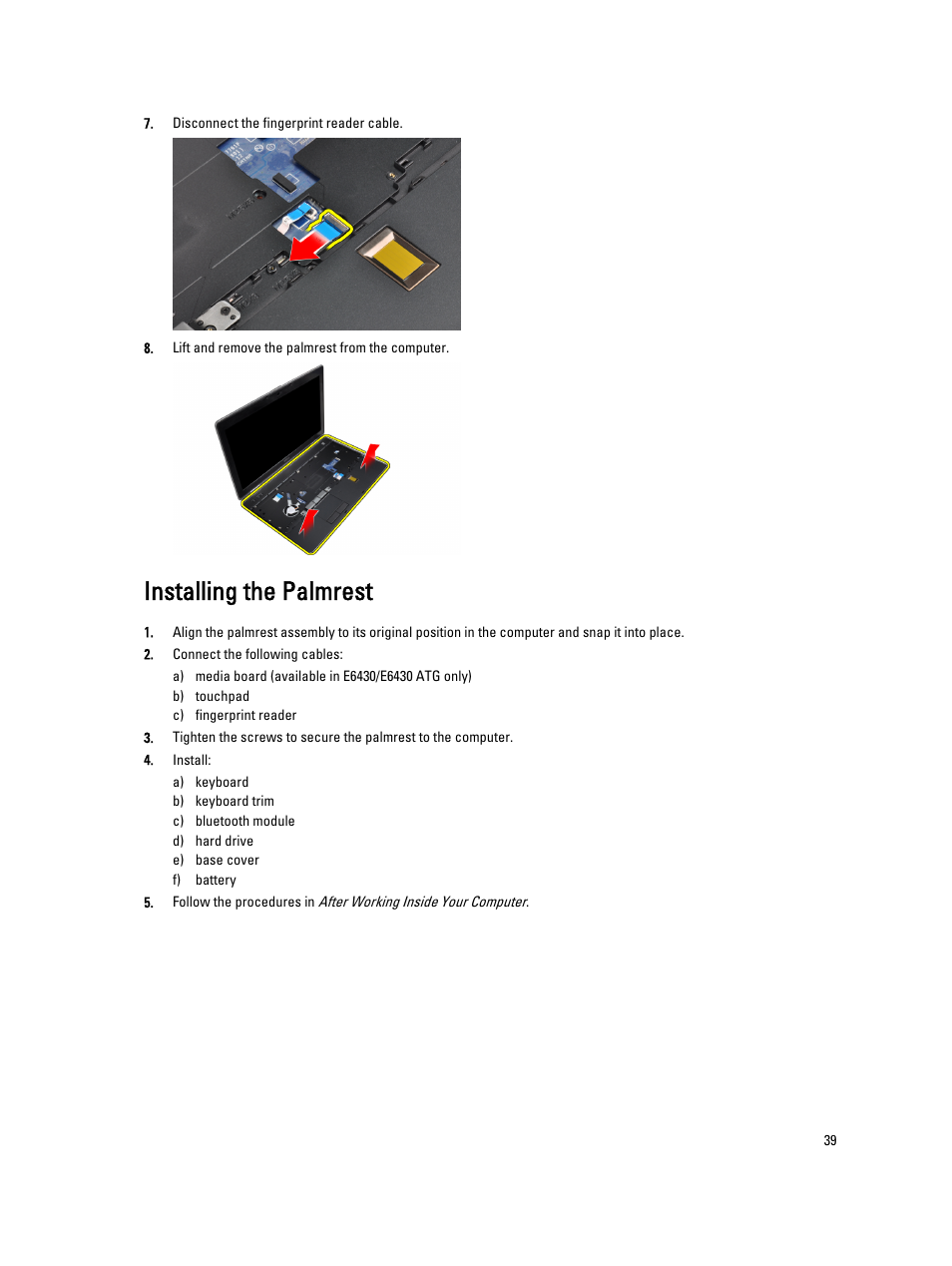 Installing the palmrest | Dell Latitude E6530 (Mid 2012) User Manual | Page 39 / 87