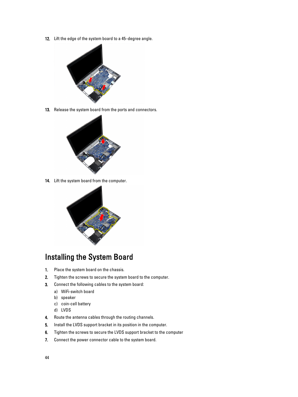 Installing the system board | Dell Latitude E6530 (Mid 2012) User Manual | Page 44 / 87