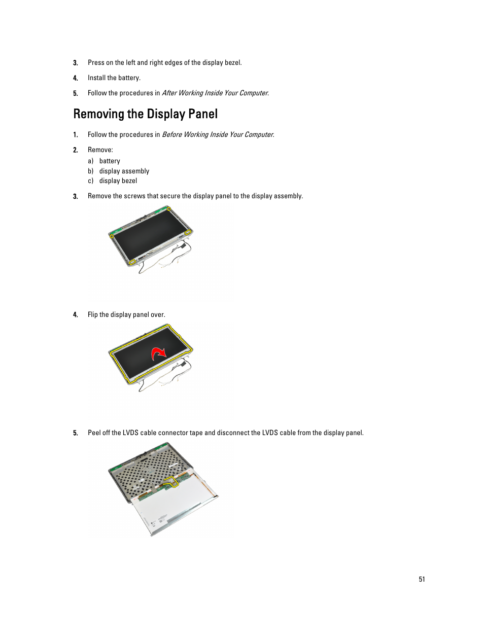 Removing the display panel | Dell Latitude E6530 (Mid 2012) User Manual | Page 51 / 87