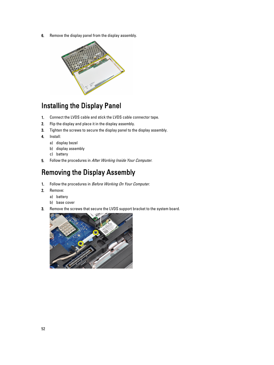 Installing the display panel, Removing the display assembly | Dell Latitude E6530 (Mid 2012) User Manual | Page 52 / 87