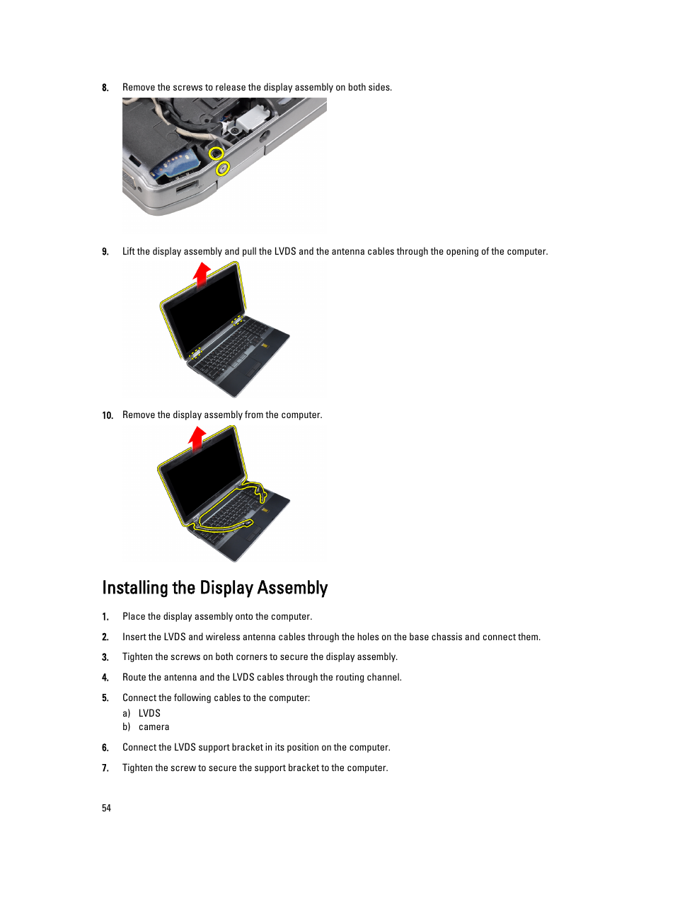 Installing the display assembly | Dell Latitude E6530 (Mid 2012) User Manual | Page 54 / 87