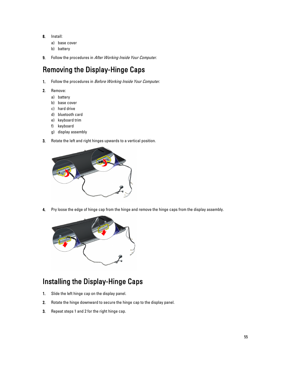 Removing the display-hinge caps, Installing the display-hinge caps | Dell Latitude E6530 (Mid 2012) User Manual | Page 55 / 87