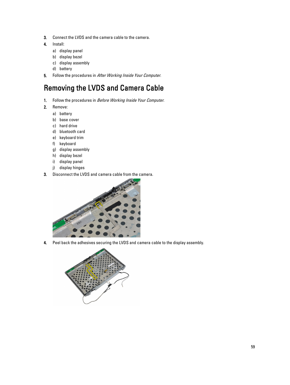 Removing the lvds and camera cable | Dell Latitude E6530 (Mid 2012) User Manual | Page 59 / 87