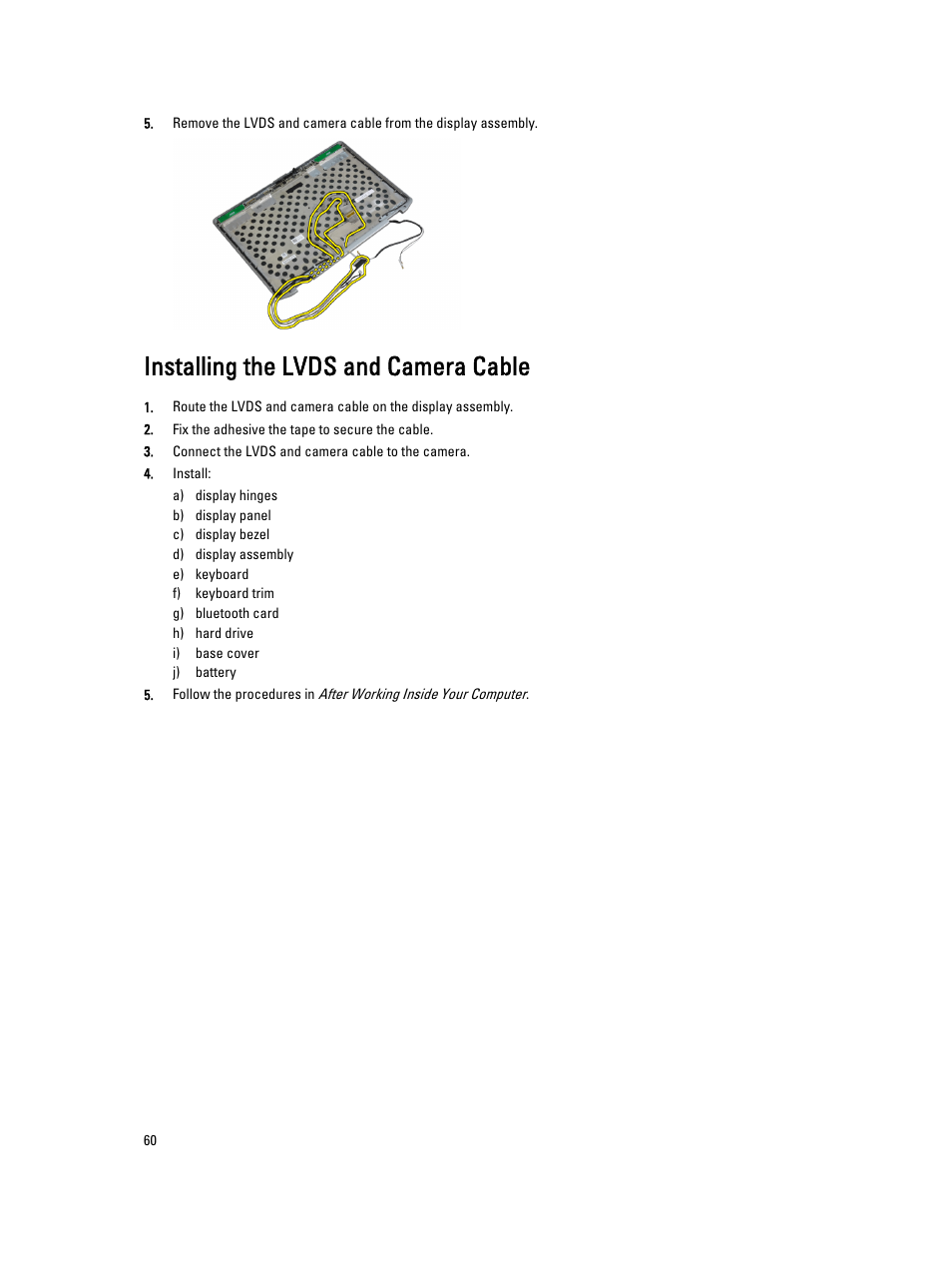 Installing the lvds and camera cable | Dell Latitude E6530 (Mid 2012) User Manual | Page 60 / 87