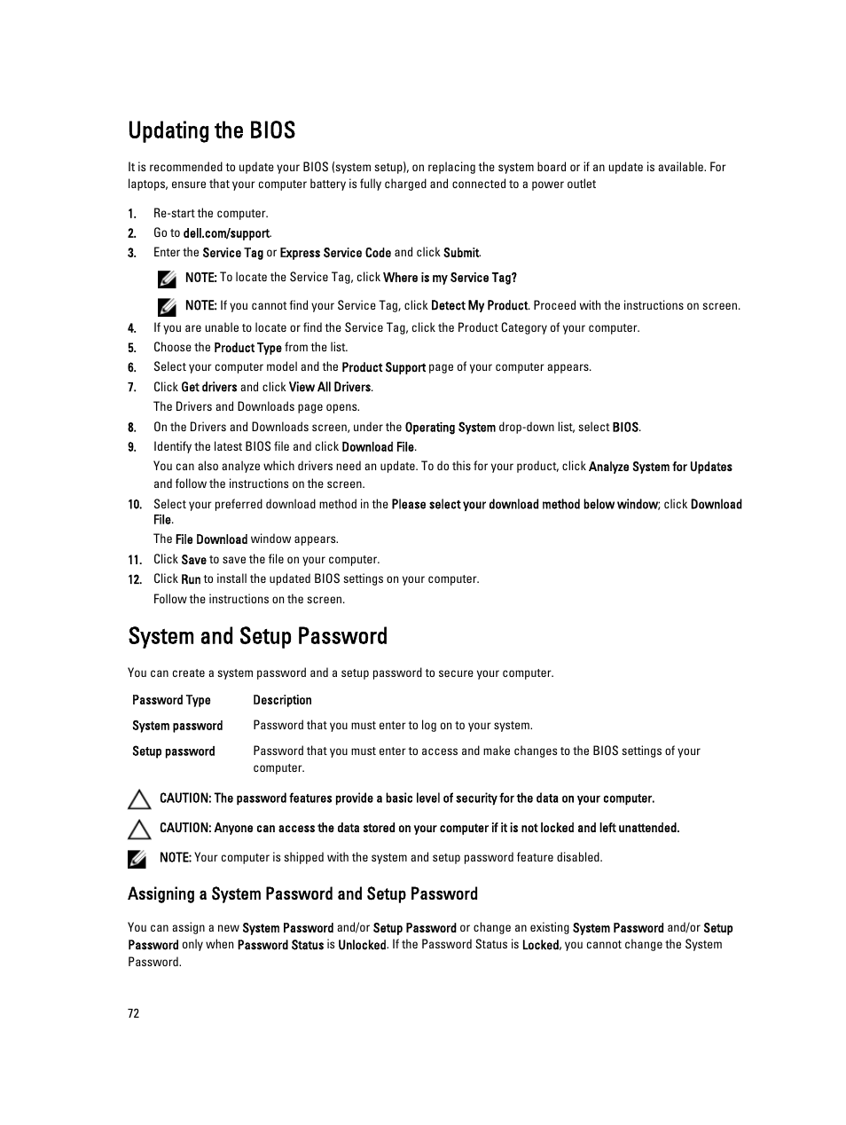 Updating the bios, System and setup password, Assigning a system password and setup password | Dell Latitude E6530 (Mid 2012) User Manual | Page 72 / 87