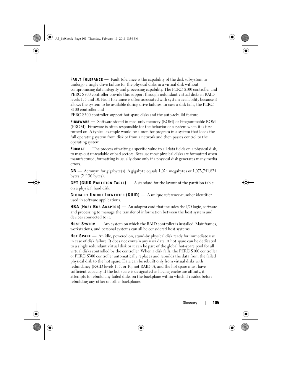 Fault tolerance, Firmware, Format | Gpt (guid partition table), Globally unique identifier (guid), Hba (host bus adaptor), Host system, Hot spare | Dell PowerEdge RAID Controller S100 User Manual | Page 105 / 110