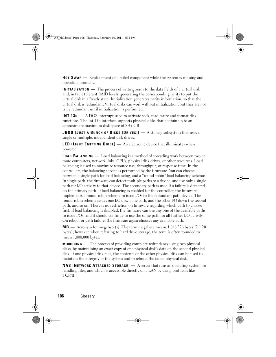 Hot swap, Initialization, Int 13h | Jbod (just a bunch of disks [drives]), Led (light emitting diode), Load balancing, Mirroring, Nas (network attached storage) | Dell PowerEdge RAID Controller S100 User Manual | Page 106 / 110