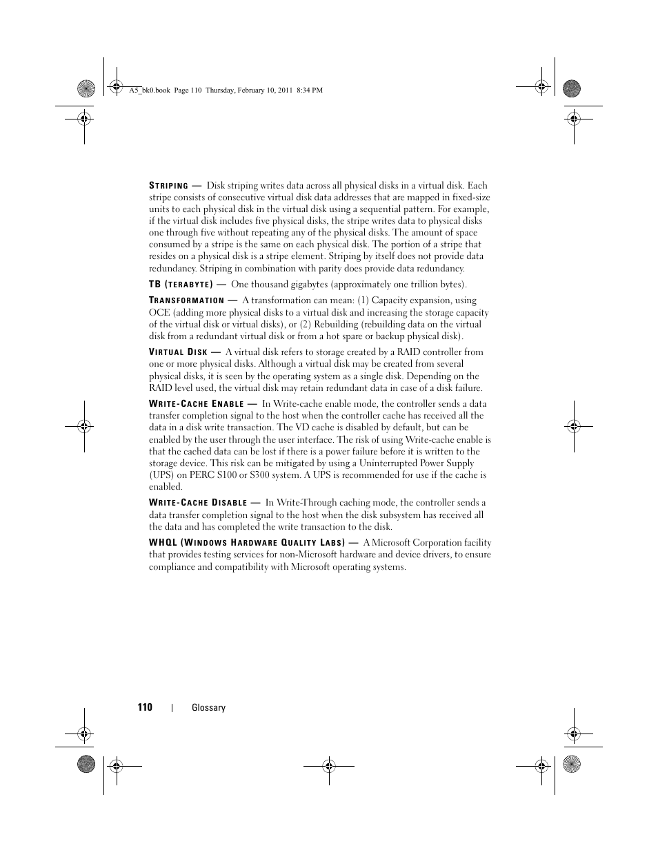Striping, Tb (terabyte), Transformation | Virtual disk, Write-cache enable, Write-cache disable, Whql (windows hardware quality labs) | Dell PowerEdge RAID Controller S100 User Manual | Page 110 / 110