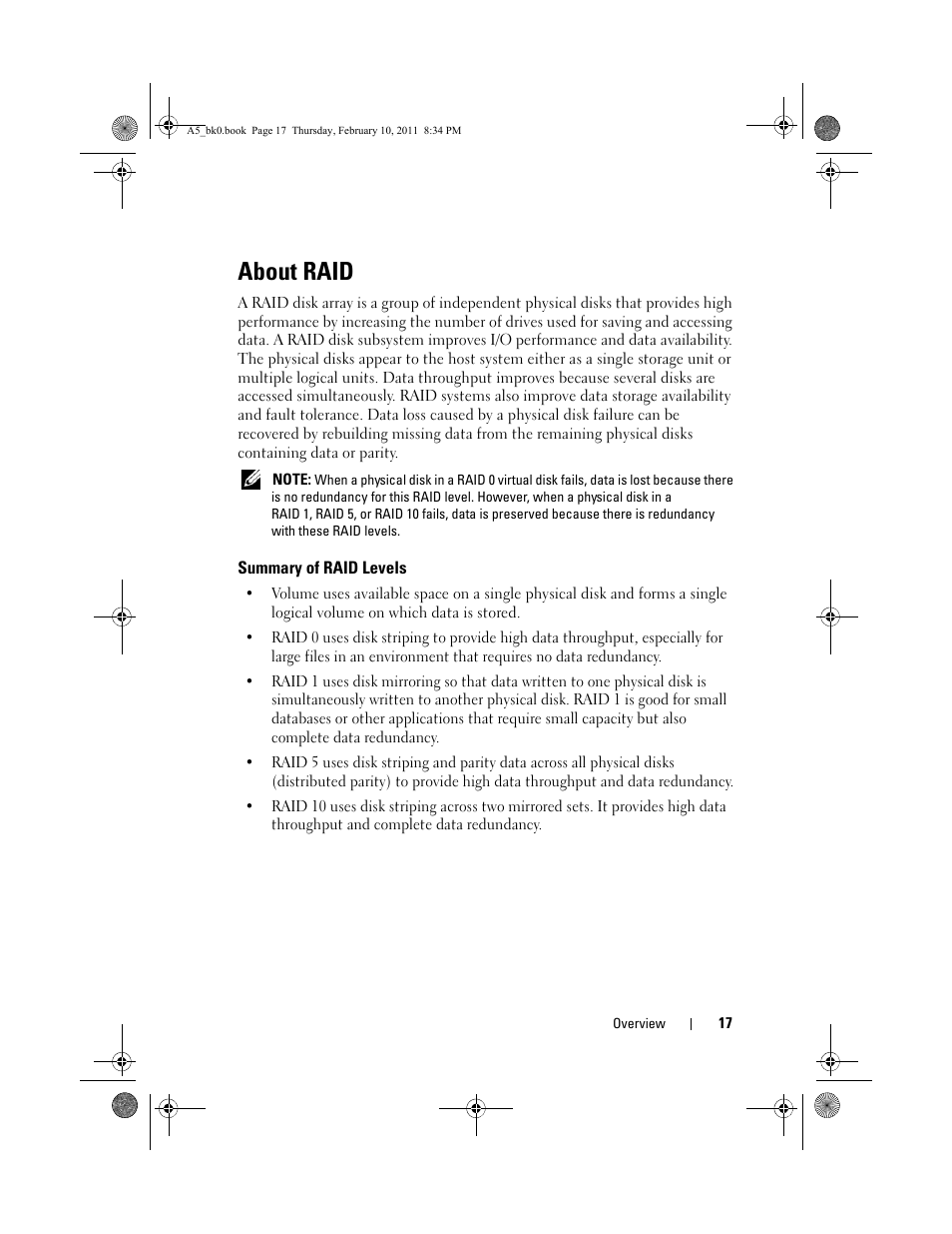 About raid, Summary of raid levels | Dell PowerEdge RAID Controller S100 User Manual | Page 17 / 110