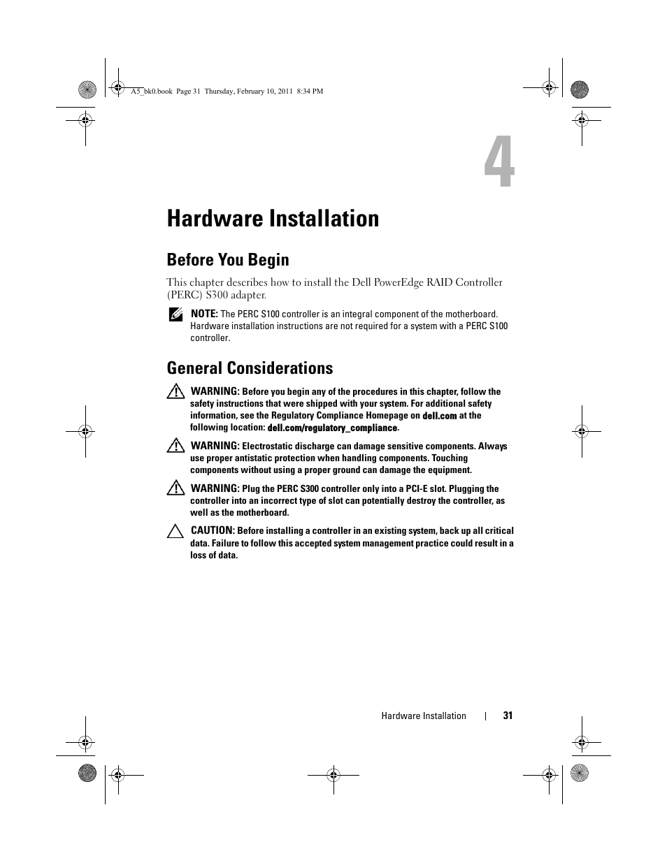 Hardware installation, Before you begin, General considerations | Dell PowerEdge RAID Controller S100 User Manual | Page 31 / 110