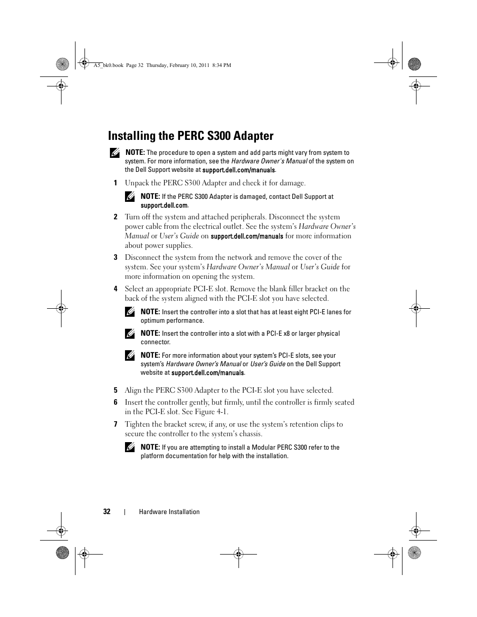 Installing the perc s300 adapter | Dell PowerEdge RAID Controller S100 User Manual | Page 32 / 110
