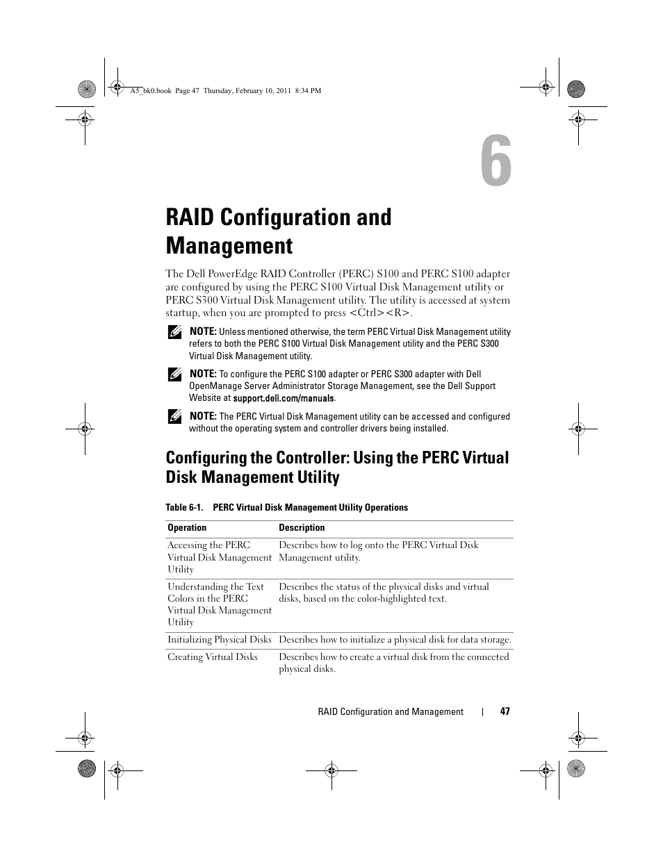 Raid configuration and management, Raid configuration and, Management | Dell PowerEdge RAID Controller S100 User Manual | Page 47 / 110