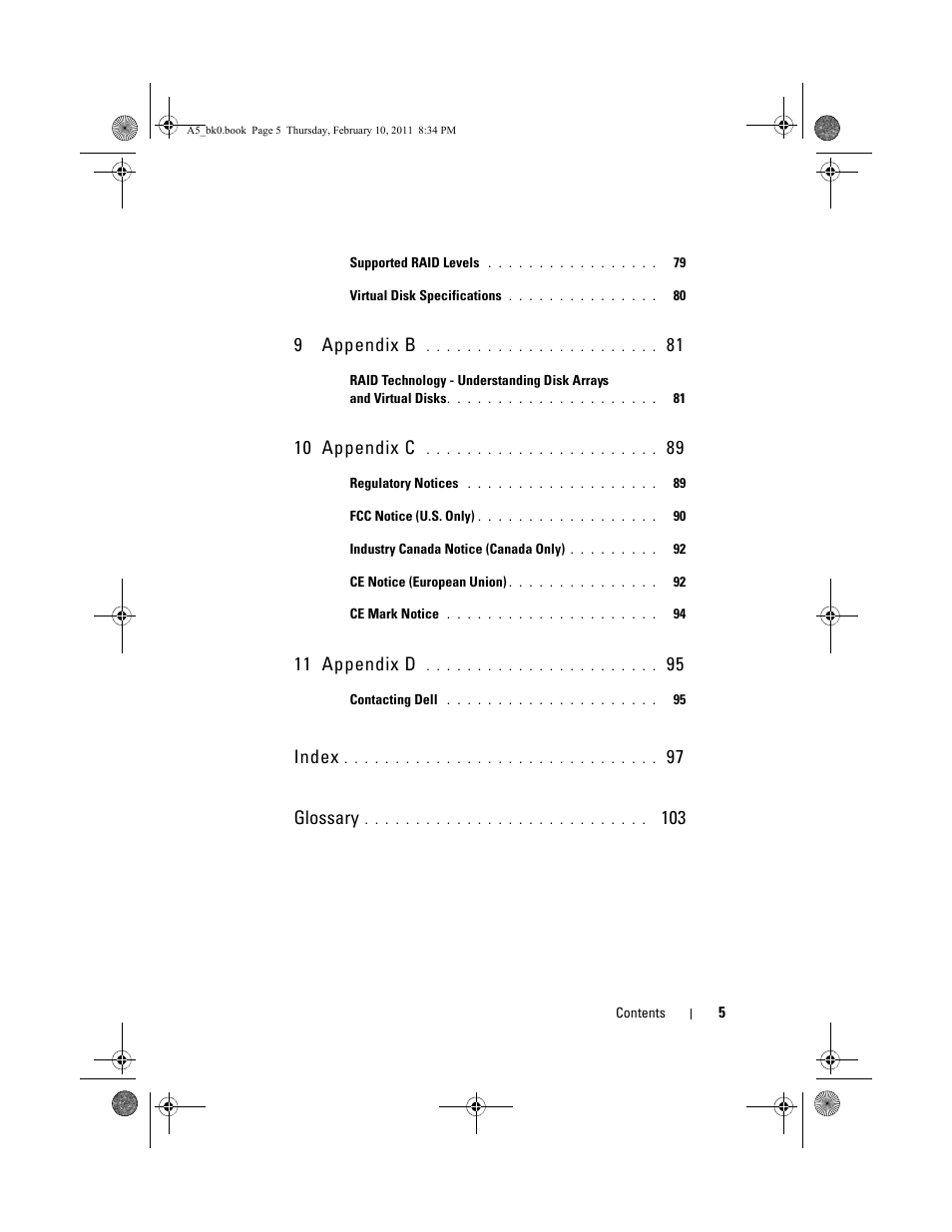 9 appendix b 81, 10 appendix c 89, 11 appendix d 95 | 9 appendix b, 10 appendix c, 11 appendix d, Index, 97 glossary | Dell PowerEdge RAID Controller S100 User Manual | Page 5 / 110