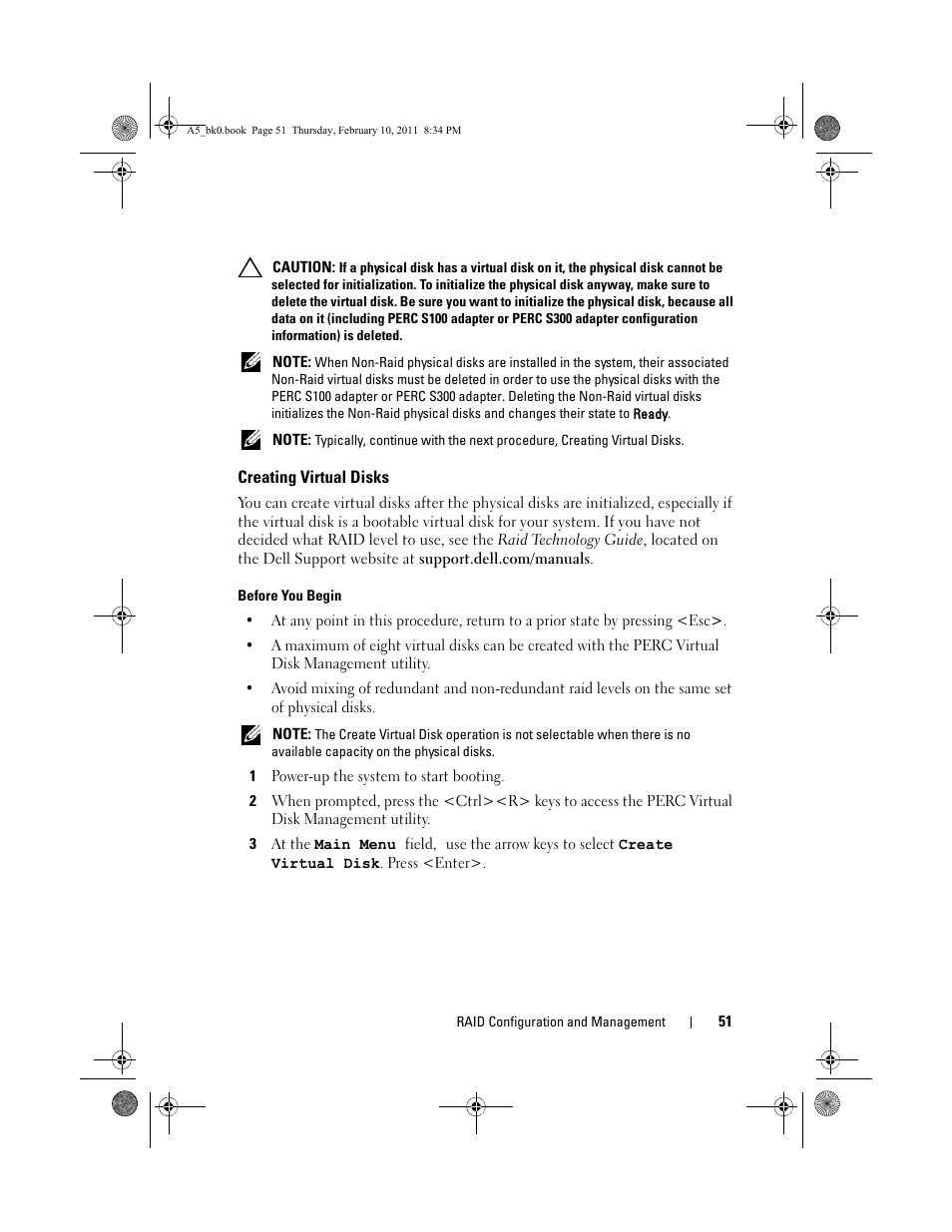 Creating virtual disks, Before you begin, 1 power-up the system to start booting | Dell PowerEdge RAID Controller S100 User Manual | Page 51 / 110