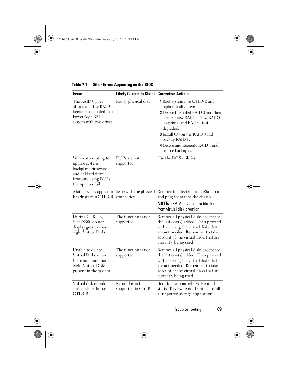 Table 7-7. other errors appearing on the bios, 1 boot system into ctlr-r and replace faulty drive, 3 install os on the raid 0 and backup raid 1 | Dell PowerEdge RAID Controller S100 User Manual | Page 69 / 110