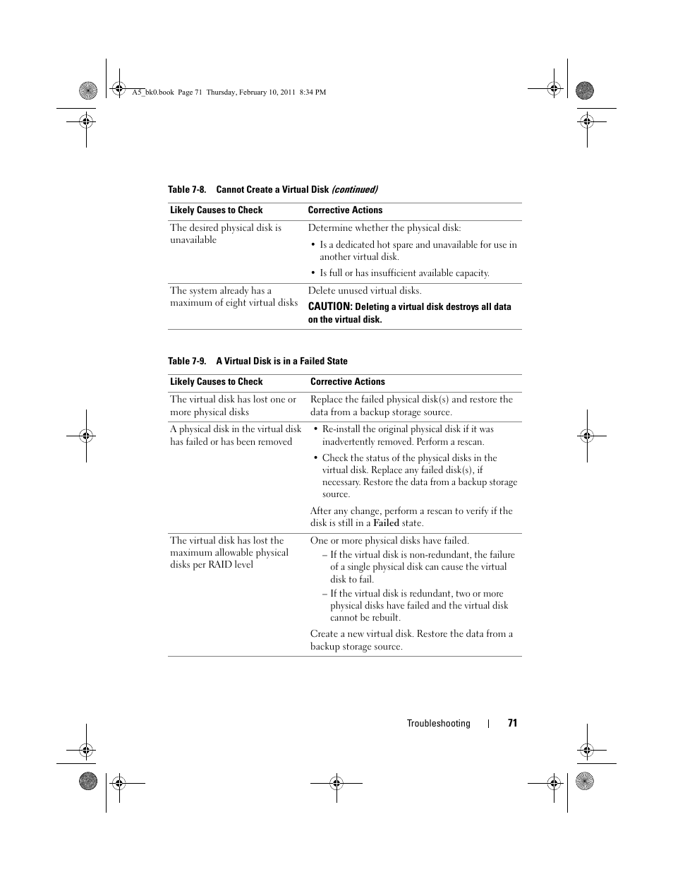 Table 7-9. a virtual disk is in a failed state | Dell PowerEdge RAID Controller S100 User Manual | Page 71 / 110