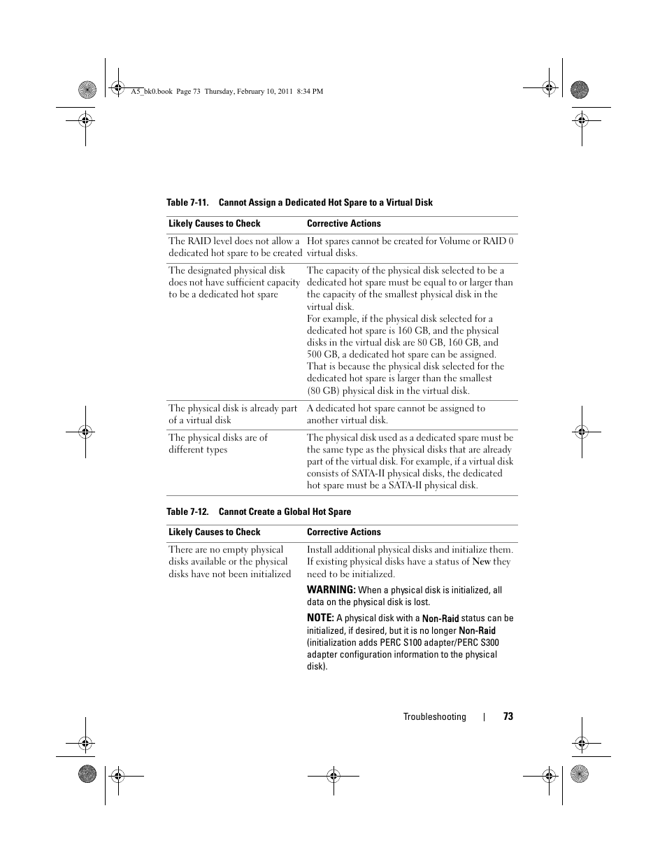 Table 7-12. cannot create a global hot spare | Dell PowerEdge RAID Controller S100 User Manual | Page 73 / 110