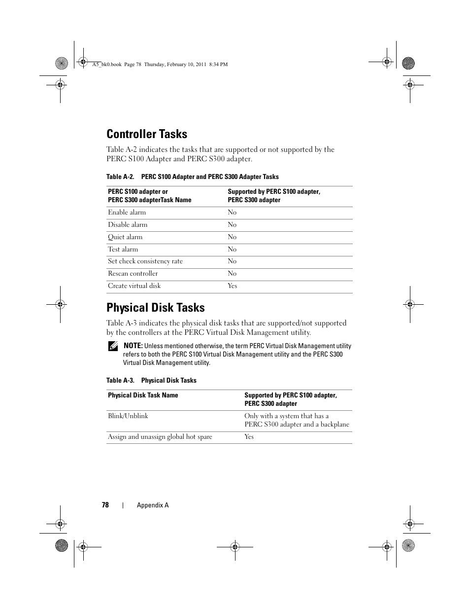 Controller tasks, Physical disk tasks, Table a-3. physical disk tasks | Dell PowerEdge RAID Controller S100 User Manual | Page 78 / 110