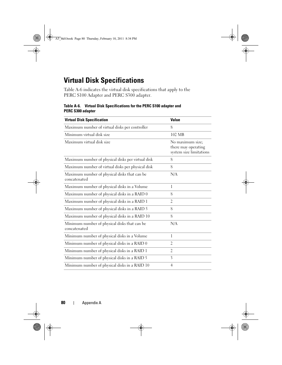 Virtual disk specifications | Dell PowerEdge RAID Controller S100 User Manual | Page 80 / 110