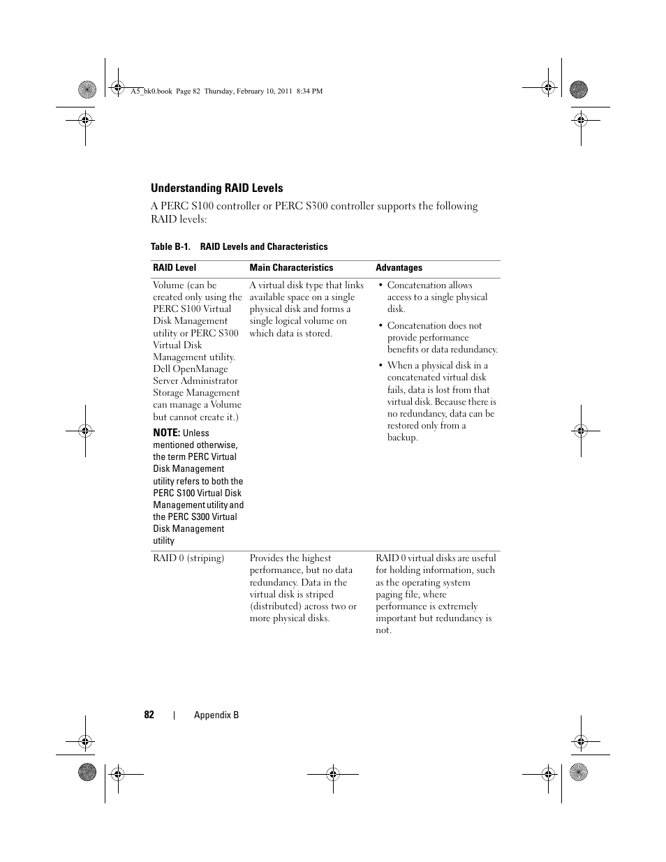 Understanding raid levels, Table b-1. raid levels and characteristics | Dell PowerEdge RAID Controller S100 User Manual | Page 82 / 110