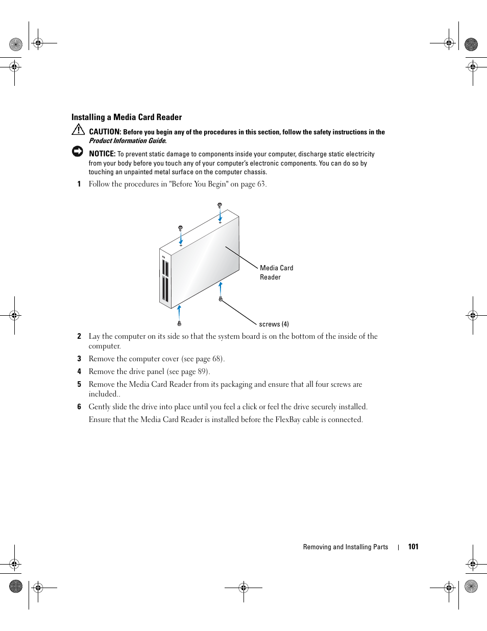 Installing a media card reader | Dell XPS 400/Dimension 9150 User Manual | Page 101 / 148