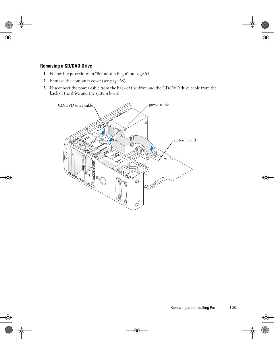 Removing a cd/dvd drive | Dell XPS 400/Dimension 9150 User Manual | Page 103 / 148