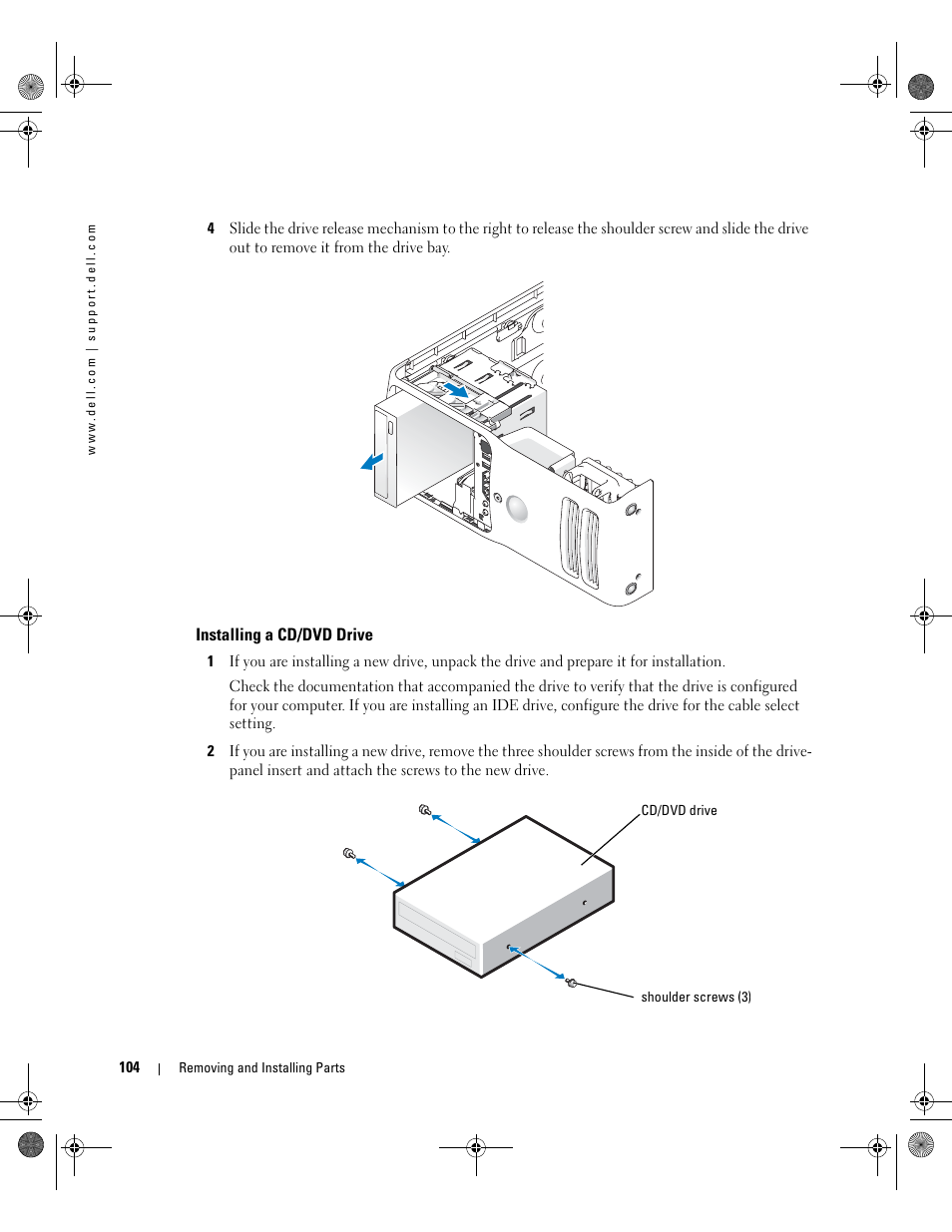 Installing a cd/dvd drive | Dell XPS 400/Dimension 9150 User Manual | Page 104 / 148