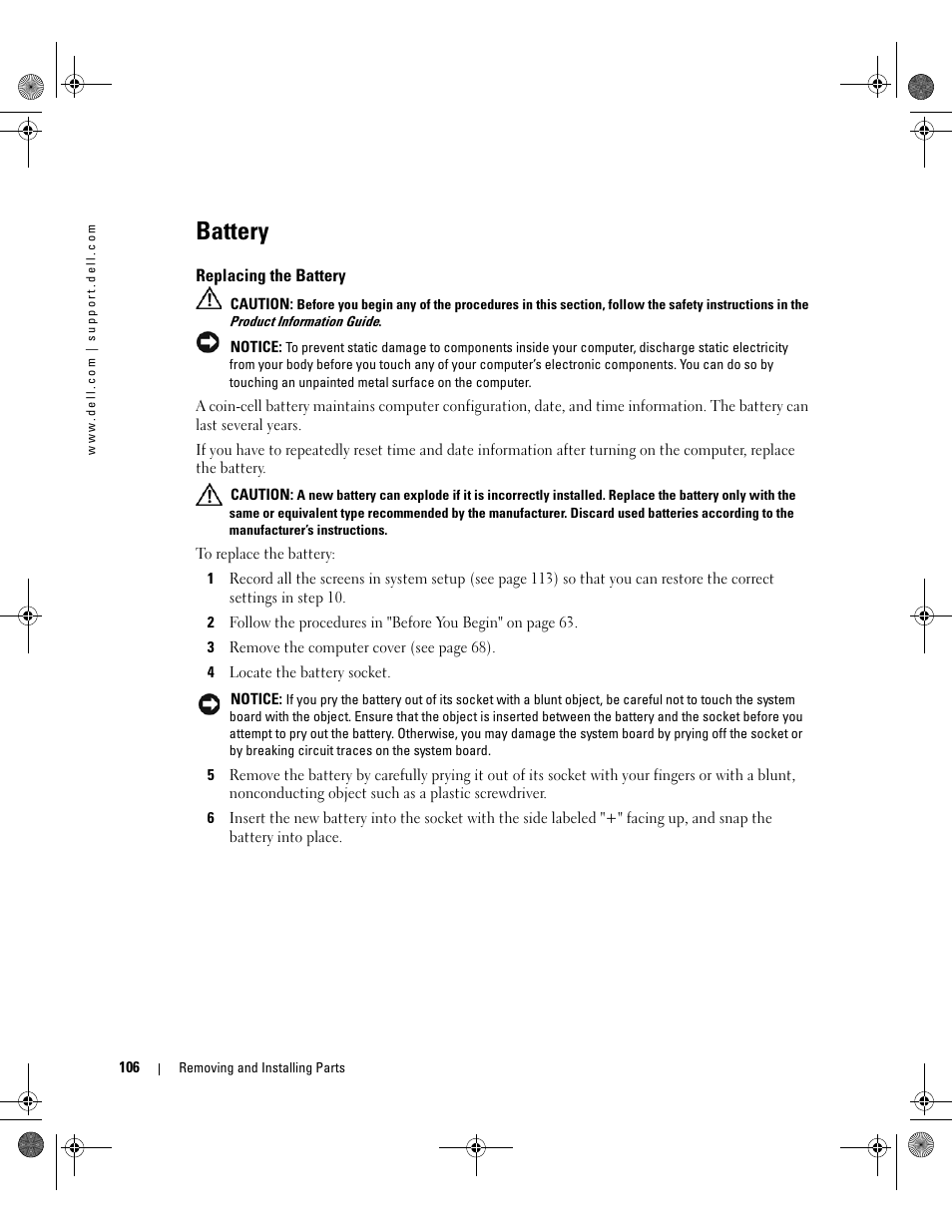 Battery, Replacing the battery | Dell XPS 400/Dimension 9150 User Manual | Page 106 / 148