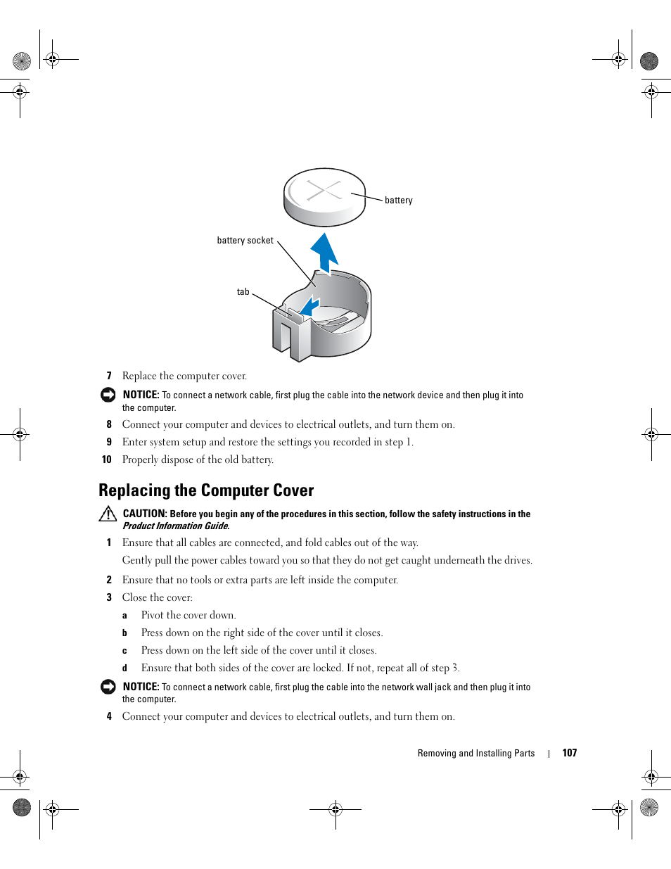 Replacing the computer cover, Settings in step 10 | Dell XPS 400/Dimension 9150 User Manual | Page 107 / 148