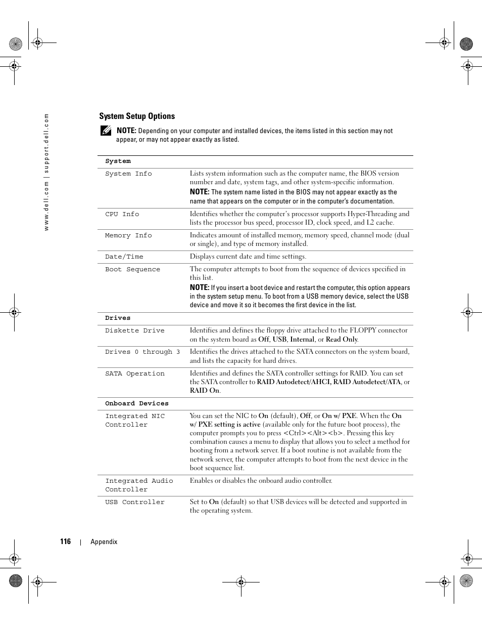 System setup options | Dell XPS 400/Dimension 9150 User Manual | Page 116 / 148