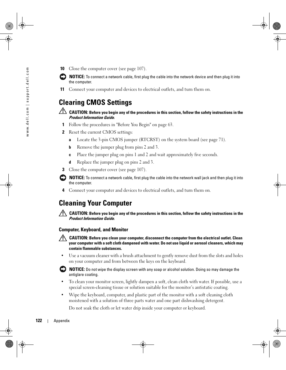 Clearing cmos settings, Cleaning your computer, Computer, keyboard, and monitor | Dell XPS 400/Dimension 9150 User Manual | Page 122 / 148