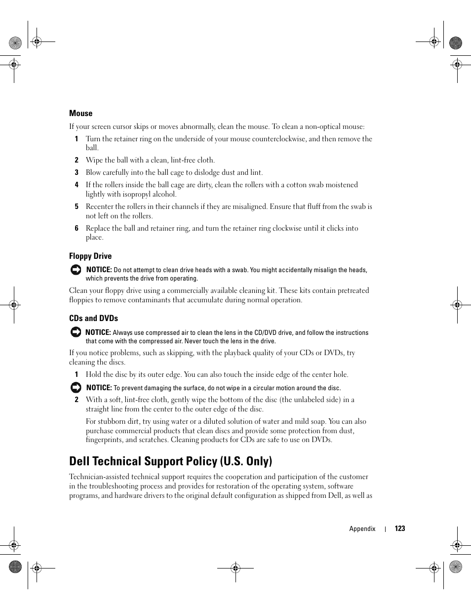 Mouse, Floppy drive, Cds and dvds | Dell technical support policy (u.s. only) | Dell XPS 400/Dimension 9150 User Manual | Page 123 / 148