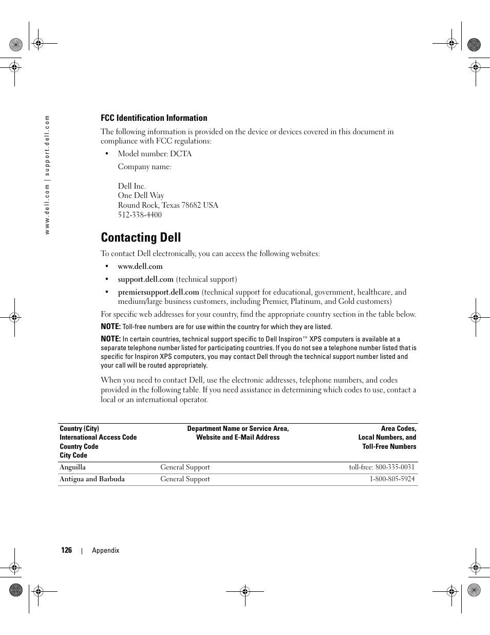 Fcc identification information, Contacting dell | Dell XPS 400/Dimension 9150 User Manual | Page 126 / 148