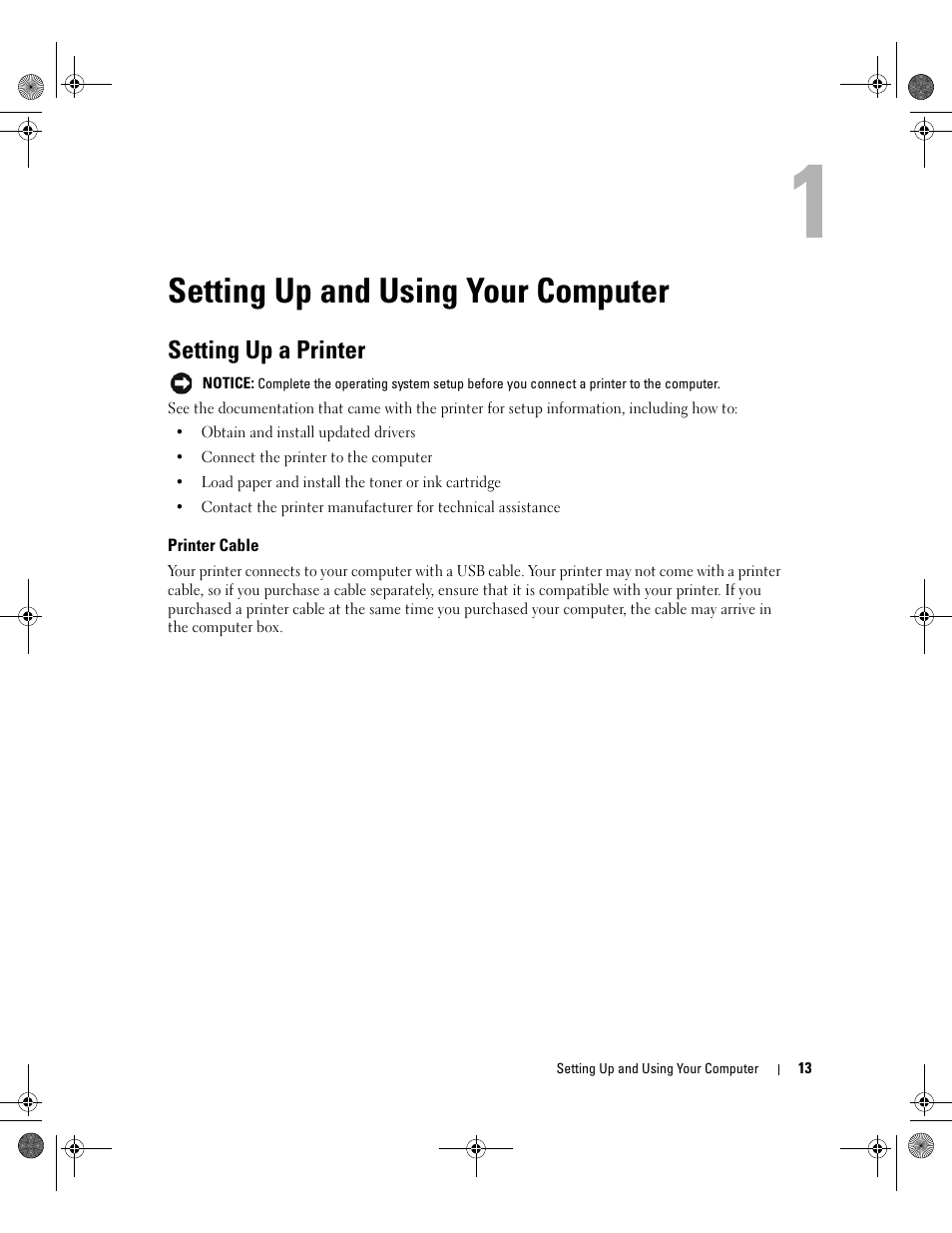 Setting up and using your computer, Setting up a printer, Printer cable | Dell XPS 400/Dimension 9150 User Manual | Page 13 / 148