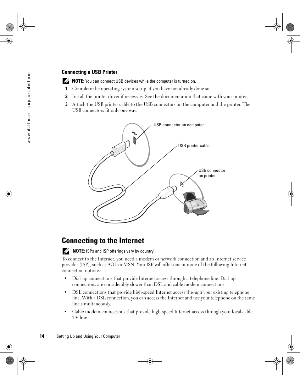 Connecting a usb printer, Connecting to the internet | Dell XPS 400/Dimension 9150 User Manual | Page 14 / 148